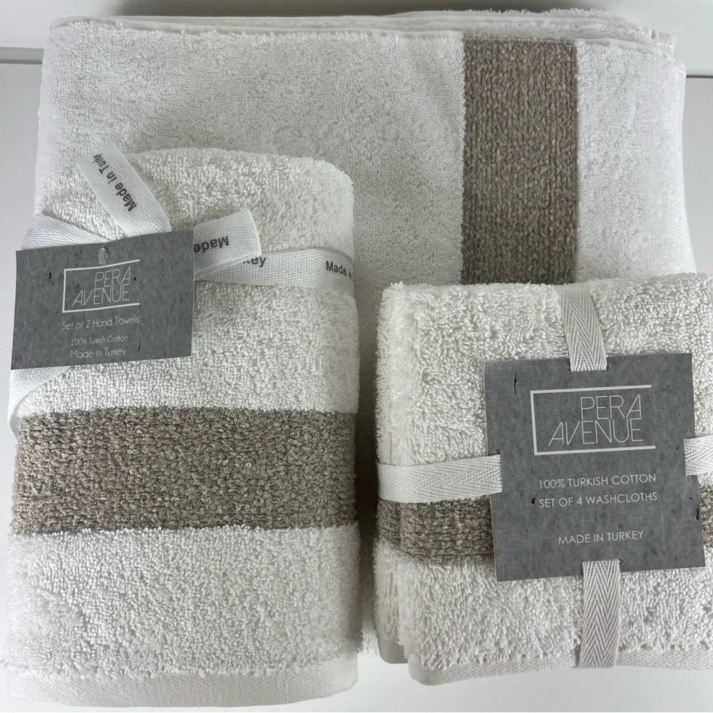 Pera Avenue Luxe Bath Towel Set 100% Turkish Cotton Cream & Tan 8 Piece Set
